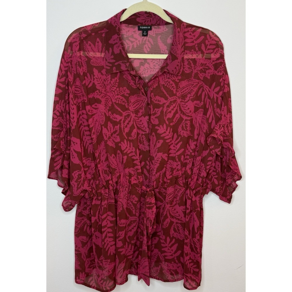 Torrid Top Womens 2X Pink Tropical Sheer Blouse Ruffle Cinched Flowy Relaxed